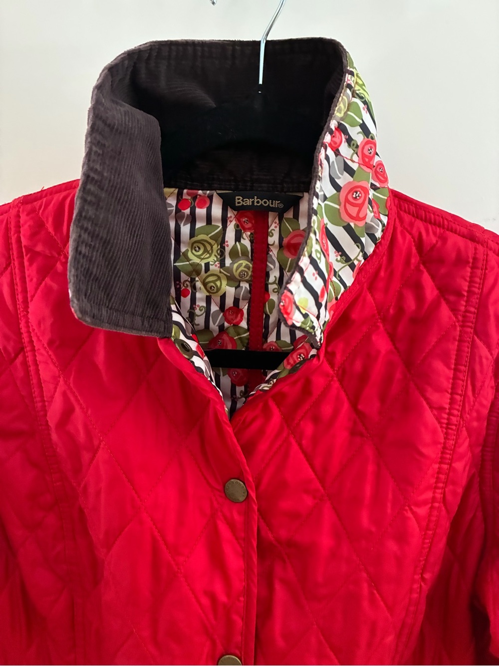 Barbour Red Quilted Women's Puffer Jacket with Floral Trim 8
